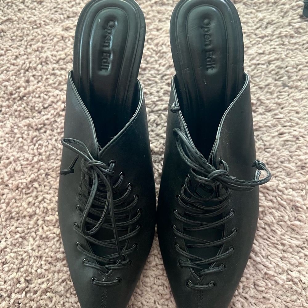 Black Pointed Toe Mules with Lace-Up Detail